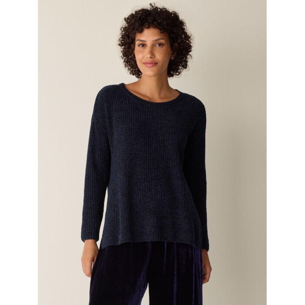Eileen Fisher Organic Cotton Chenille Jewel Neck Sweater Ink Navy Blue XL NEW
